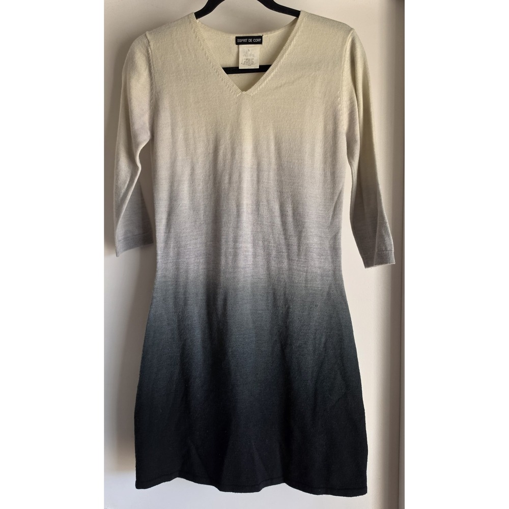 Esprit De Corp Sweater Dress S Ombre Cream Black V-Neck 3/4 Sleeve Vintage Knit